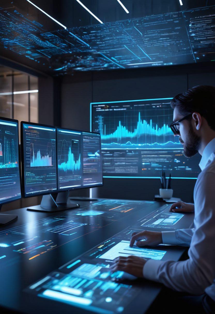 A sleek, futuristic workspace featuring a glowing holographic interface displaying data analysis graphs and text processing algorithms. A diverse group of excited professionals collaborates around a high-tech table, their expressions reflecting insight and innovation. In the background, dynamic screens showcase automated text processing in action, with flowing data streams and key insights emerging. The atmosphere is vibrant and inspiring, hinting at the advanced technology shaping modern applications. super-realistic. vibrant colors. 3D.