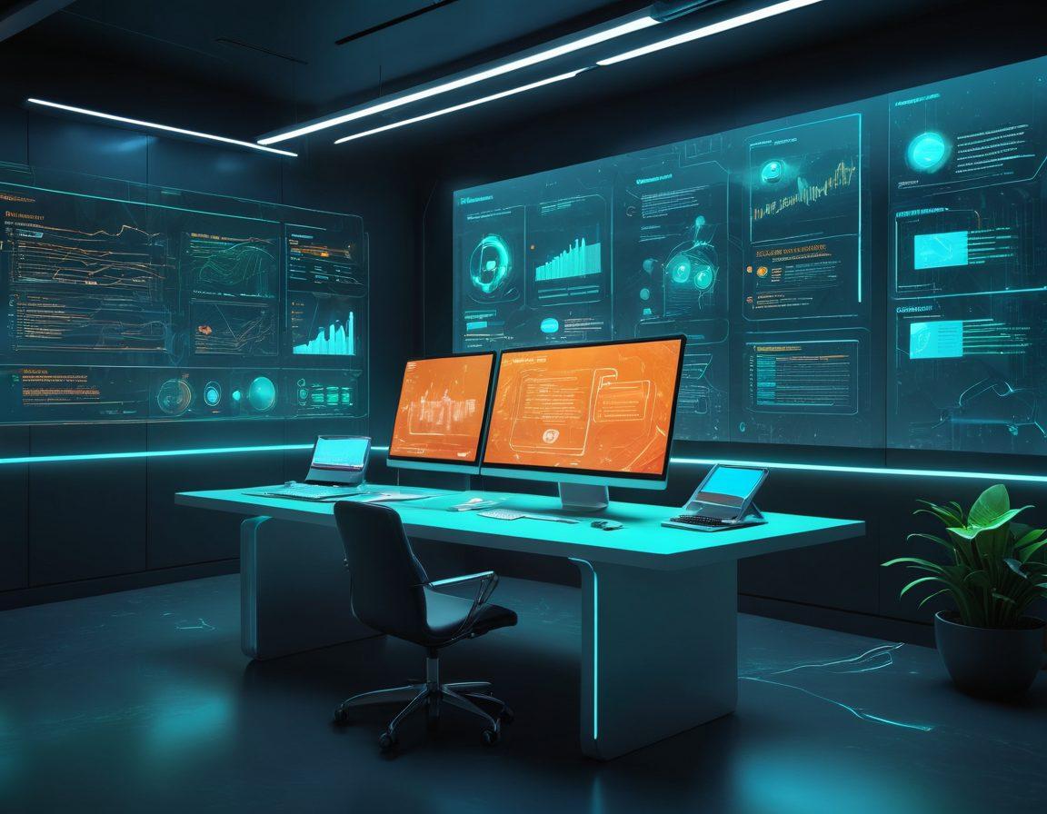 A futuristic workspace featuring a sleek, interactive touchscreen interface displaying various documents being manipulated and recognized with vibrant graphics. In the background, a digital landscape of flowing data streams and glowing text elements symbolizes innovation. Add abstract icons representing text manipulation tools and recognition features hovering around the workspace. The color palette should be bright and engaging with shades of blue, green, and orange. cyberpunk. vibrant colors. 3D.