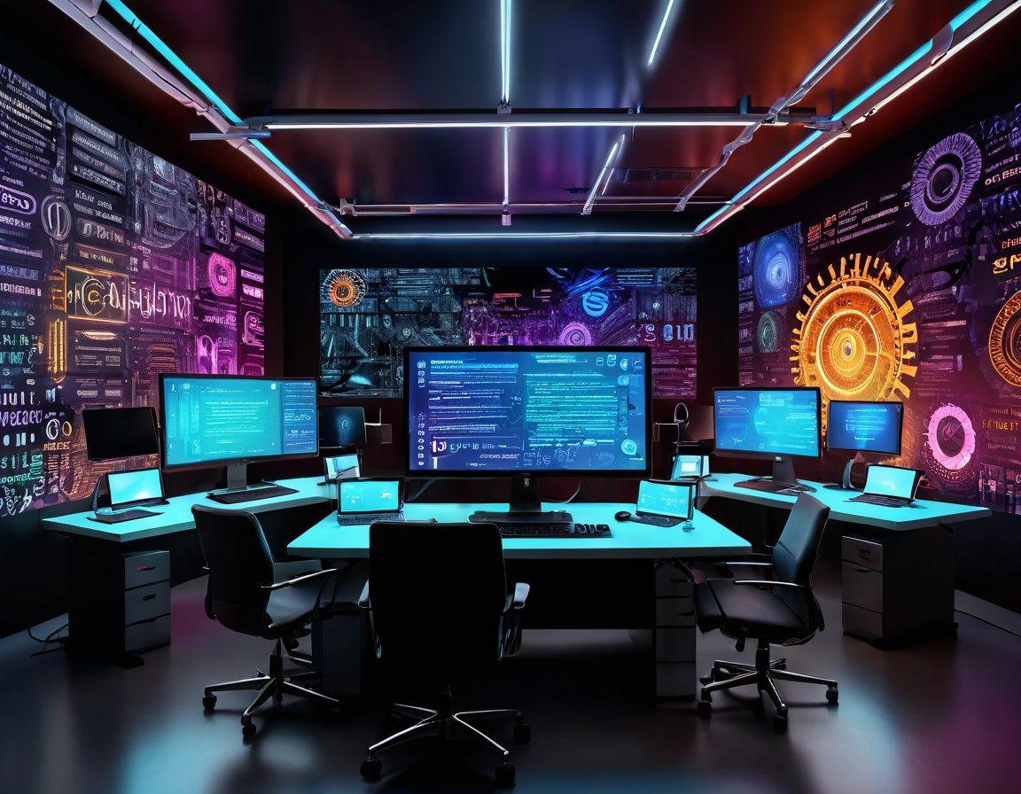 A dynamic scene showcasing a creative workspace filled with glowing text transformations swirling around a central computer, highlighting various text processing applications like translation and summarization. Include vibrant colors to evoke energy and innovation, with elements like gears and digital fonts floating around. The atmosphere should be techy and futuristic, embodying mastery in automation. super-realistic. vibrant colors. 3D.
